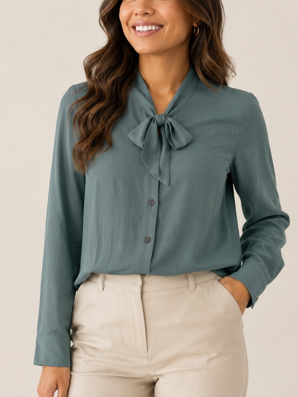 Jones New York Teal Tie-Neck Long Sleeve Blouse